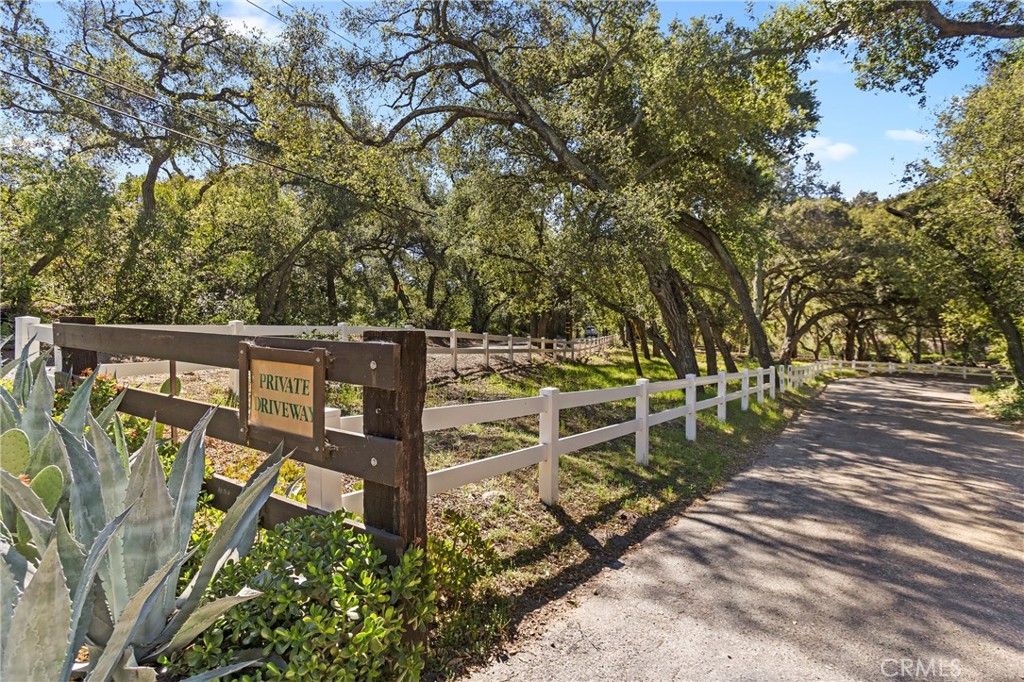 Tree-lined private driveway entrance with white fencing, a wooden gate, and agave plants.