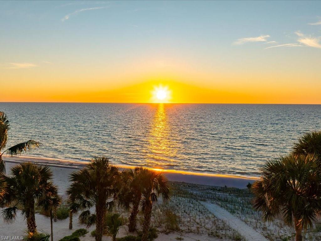 Sunset over the ocean, with golden reflections and palm trees along the sandy beach.