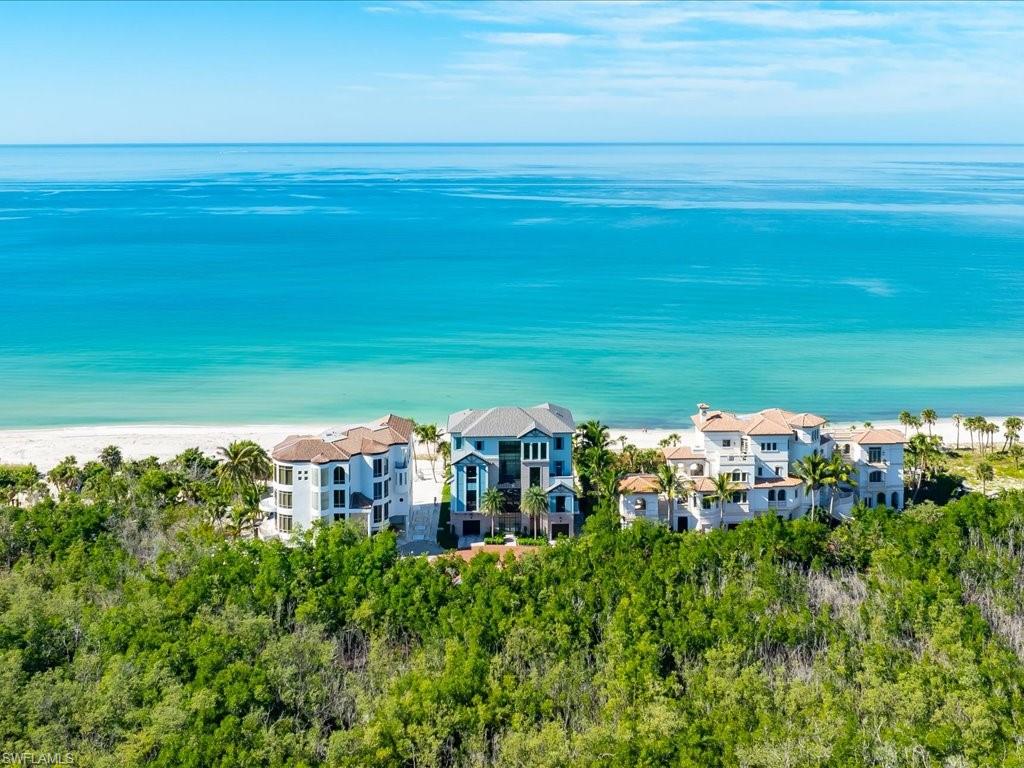 Aerial view of beachfront homes, dense coastal greenery, and turquoise ocean.