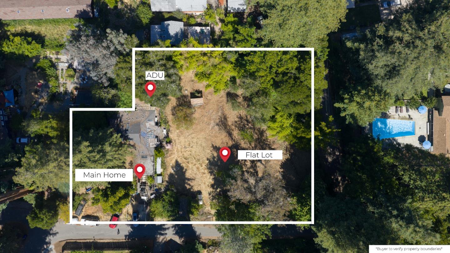 Aerial view of a wooded property, with outlined boundaries and labels for the main home, ADU, and flat lot.