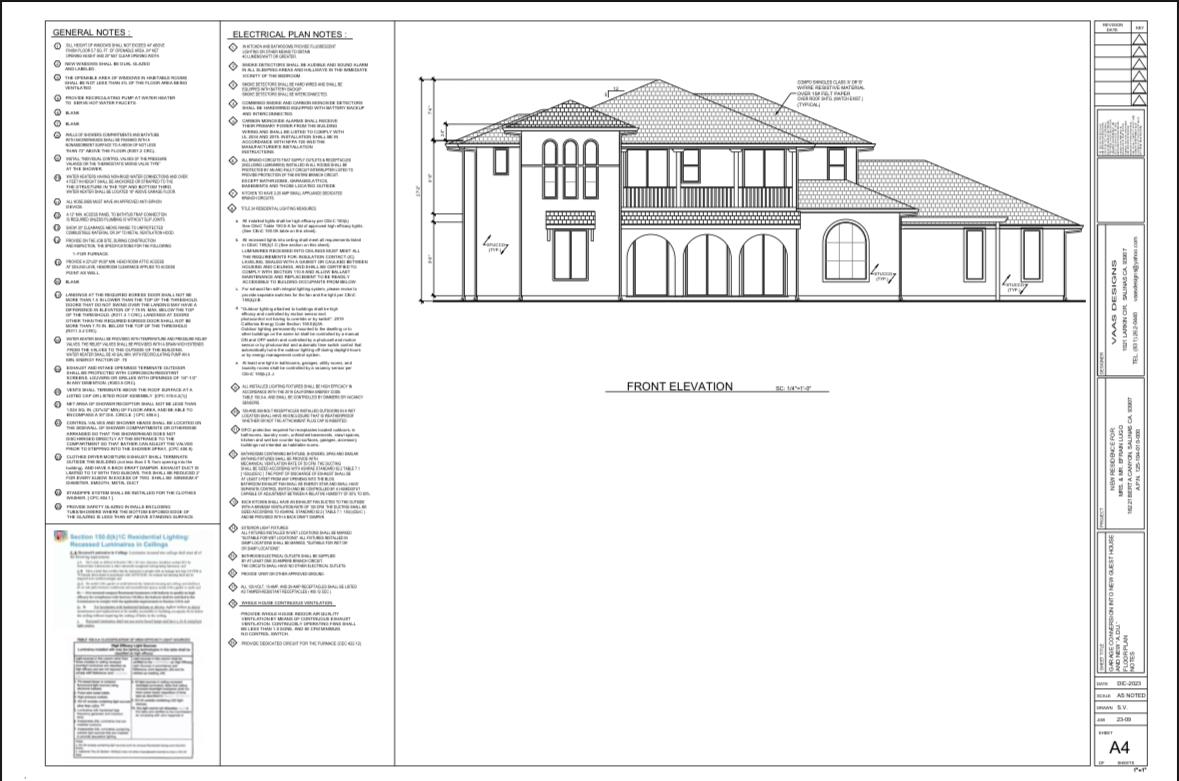 Front elevation drawing of a two-story house with arched openings and a tiled roof.