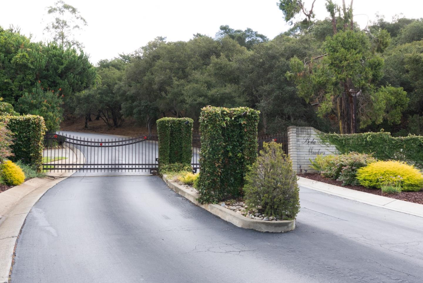 Gated driveway entrance with clipped hedge pillars, mature trees, and landscaped beds.
