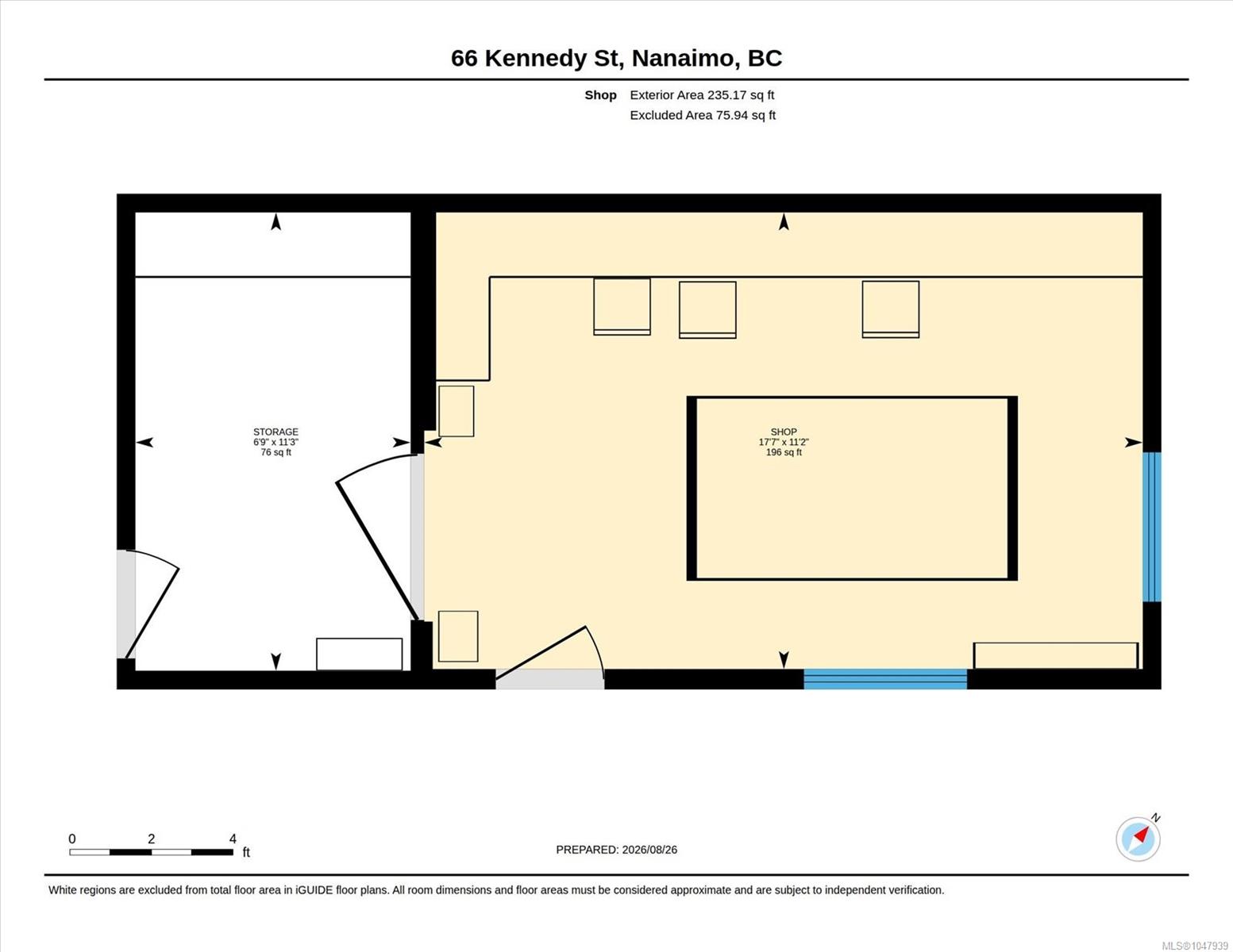 Floor plan of 66 Kennedy St shop, showing the main shop and separate storage area with dimensions.