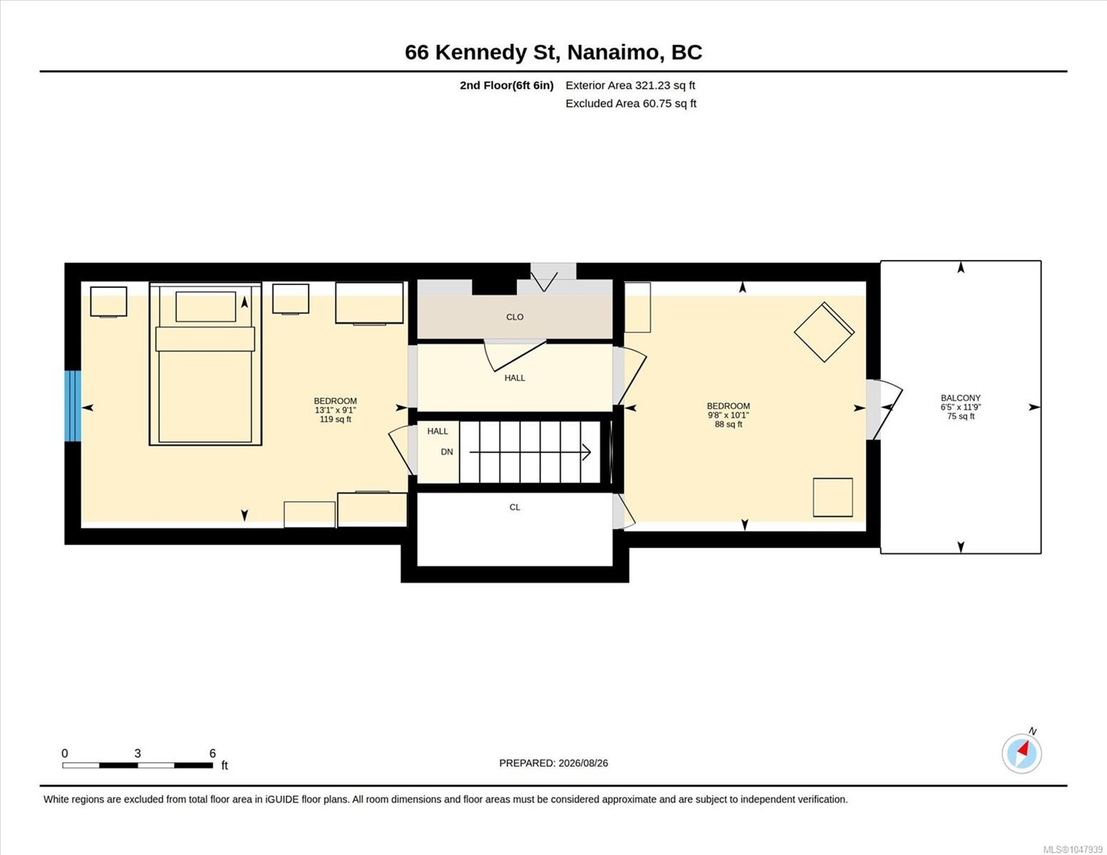 Second-floor plan with two bedrooms, central stairs and hall, and a balcony.