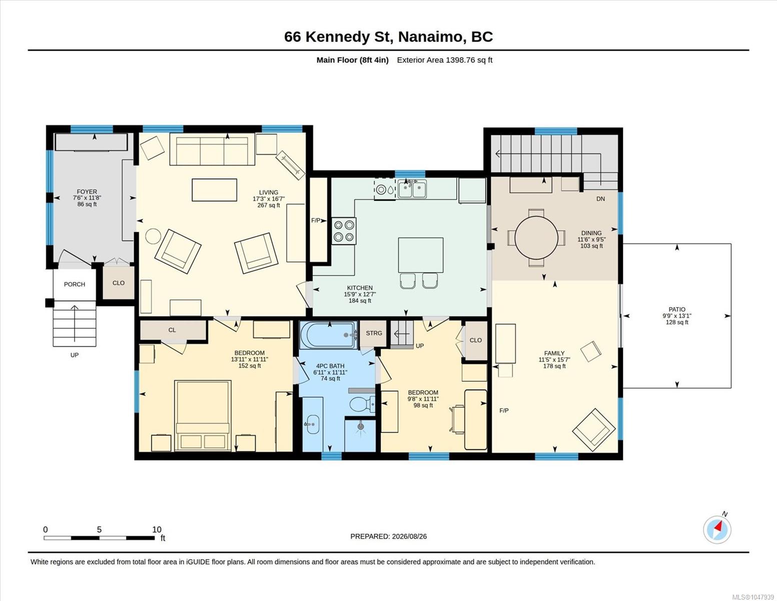 Main-floor plan for 66 Kennedy St with two bedrooms, living and family rooms, kitchen, dining room, porch, and patio.