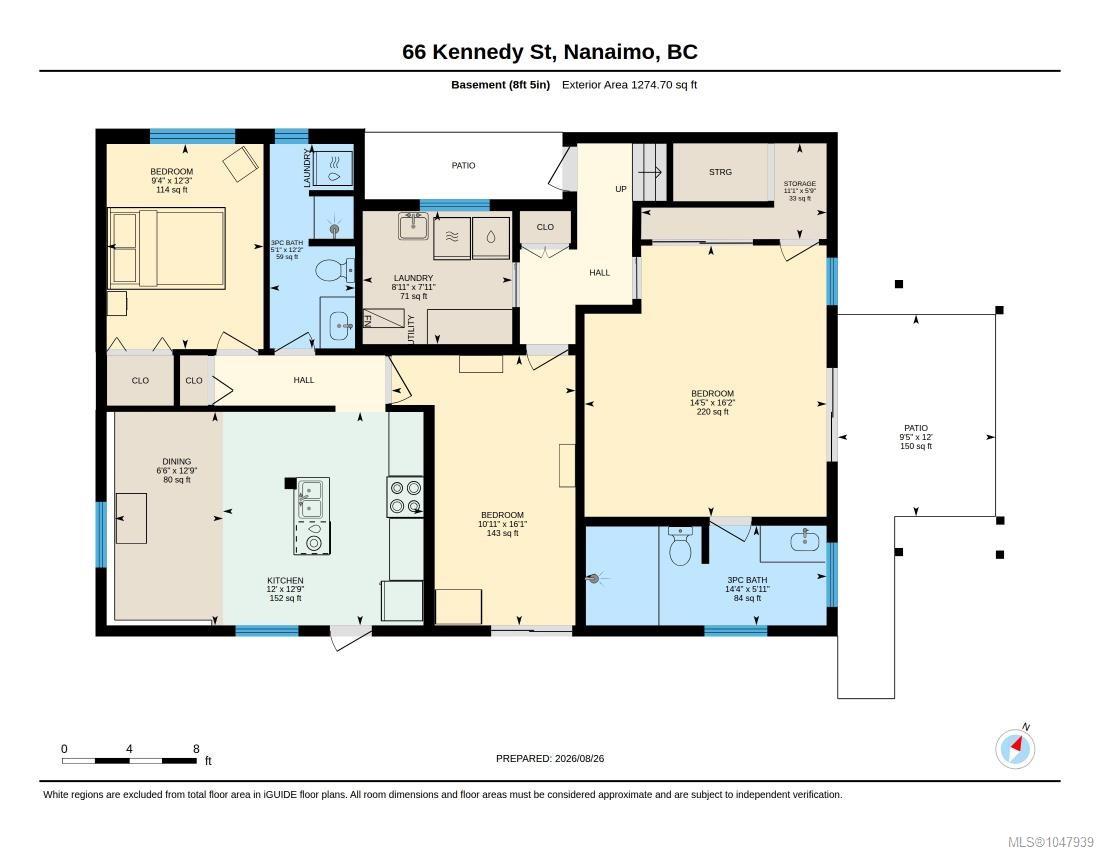 Basement floor plan for 66 Kennedy St, with three bedrooms, kitchen, laundry, and patios.