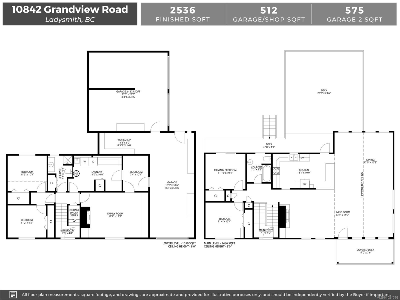 Floor plans for 10842 Grandview Road showing main and lower levels, garages, decks, and room dimensions.