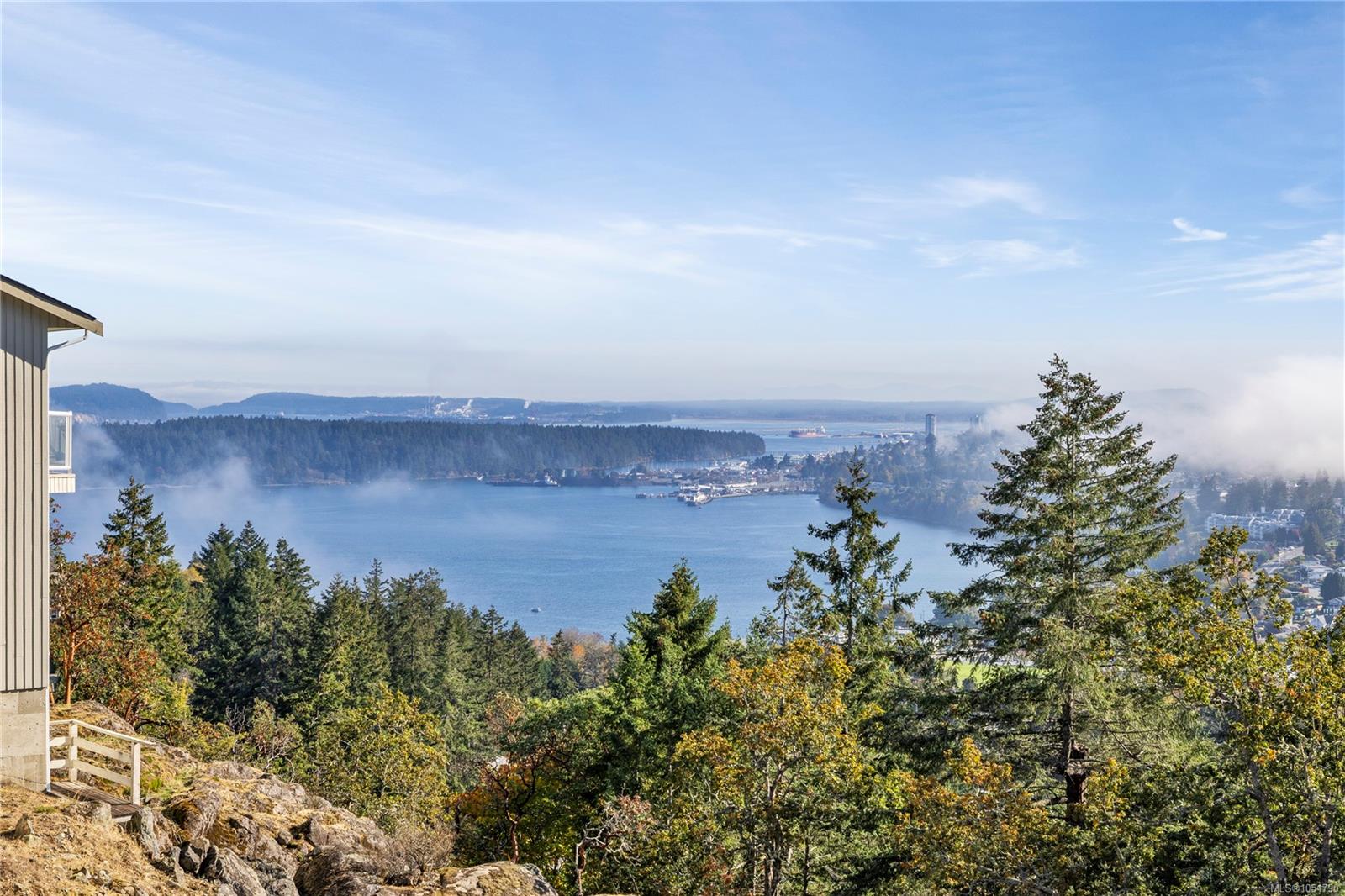 Panoramic inlet view framed by evergreen trees, autumn foliage, and part of a house.