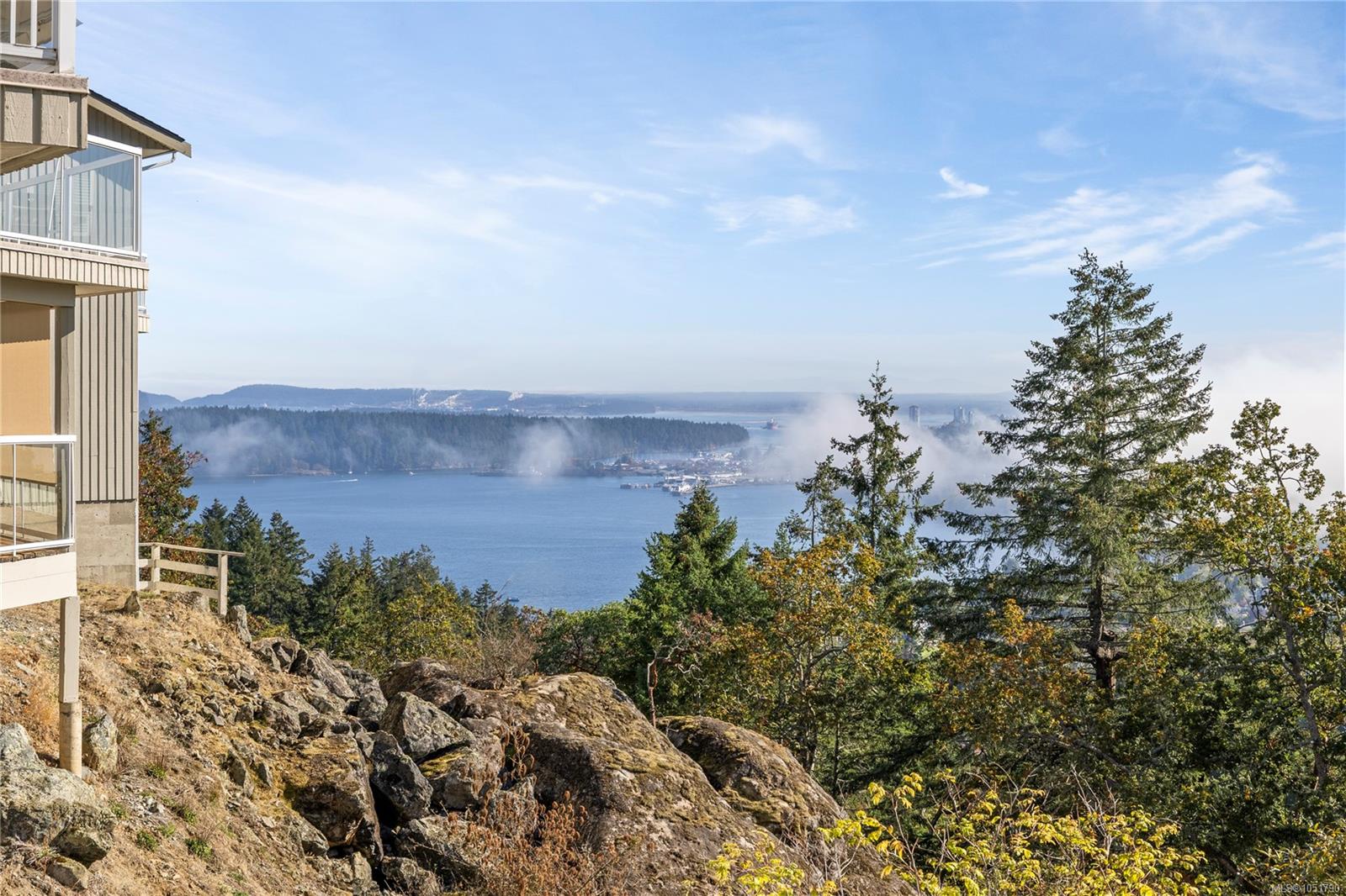 Waterfront inlet vista framed by evergreen trees, autumn foliage, and the edge of a hillside home.