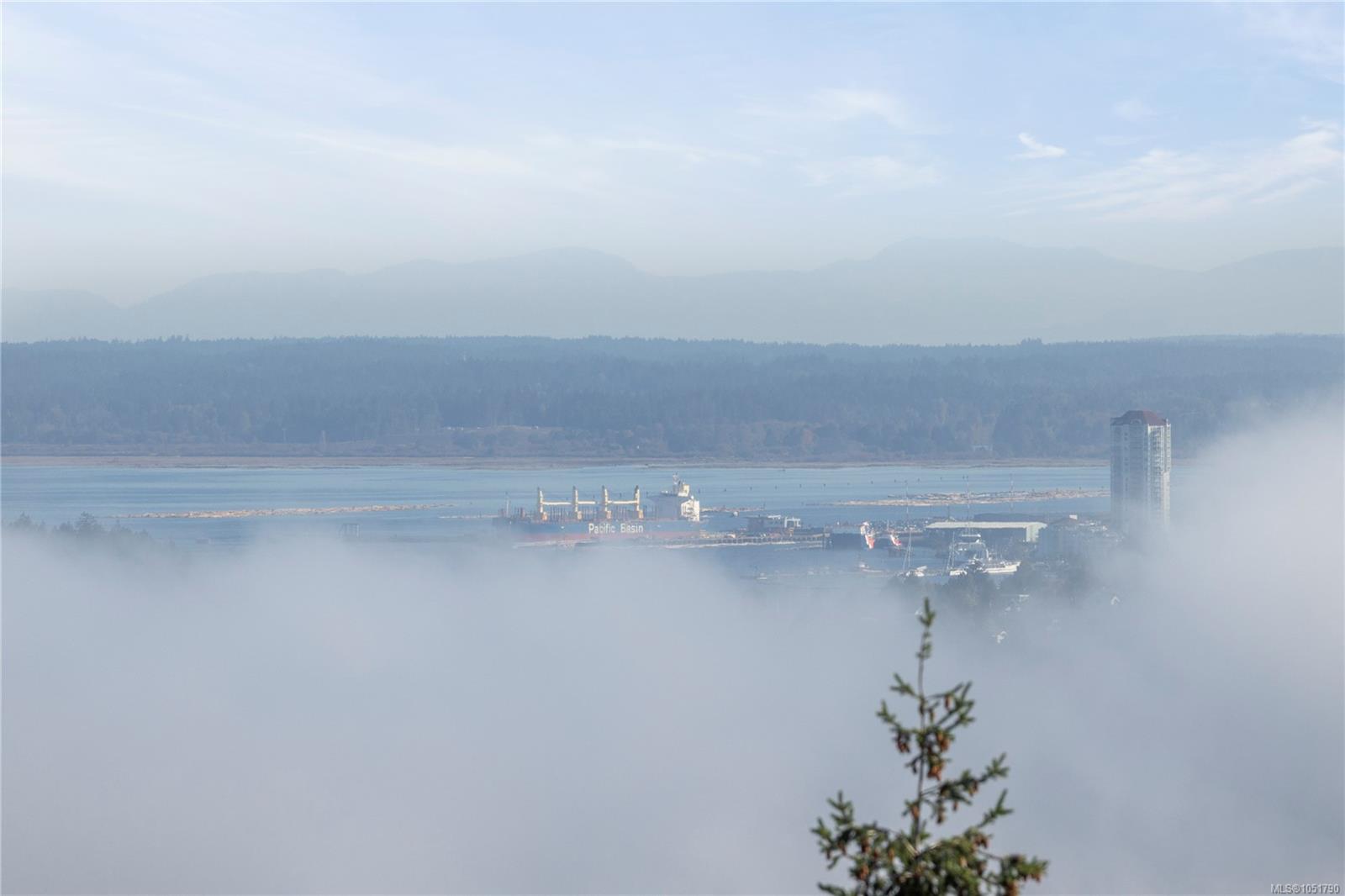 Nanaimo Harbour and port viewed through low fog, with forested hills and mountains beyond.