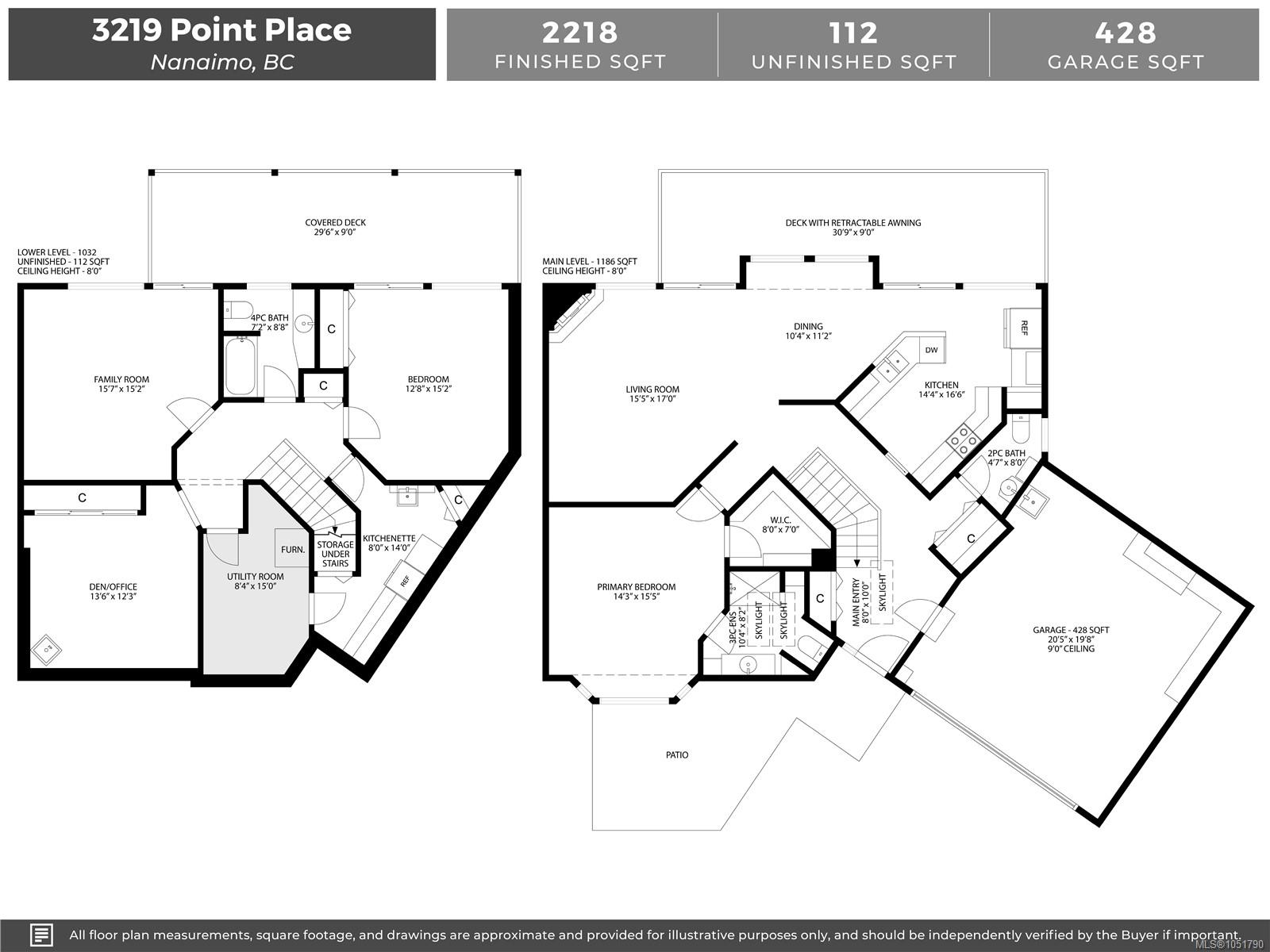 Floor plan for 3219 Point Place showing the main and lower levels, room dimensions, decks, patio, and garage.