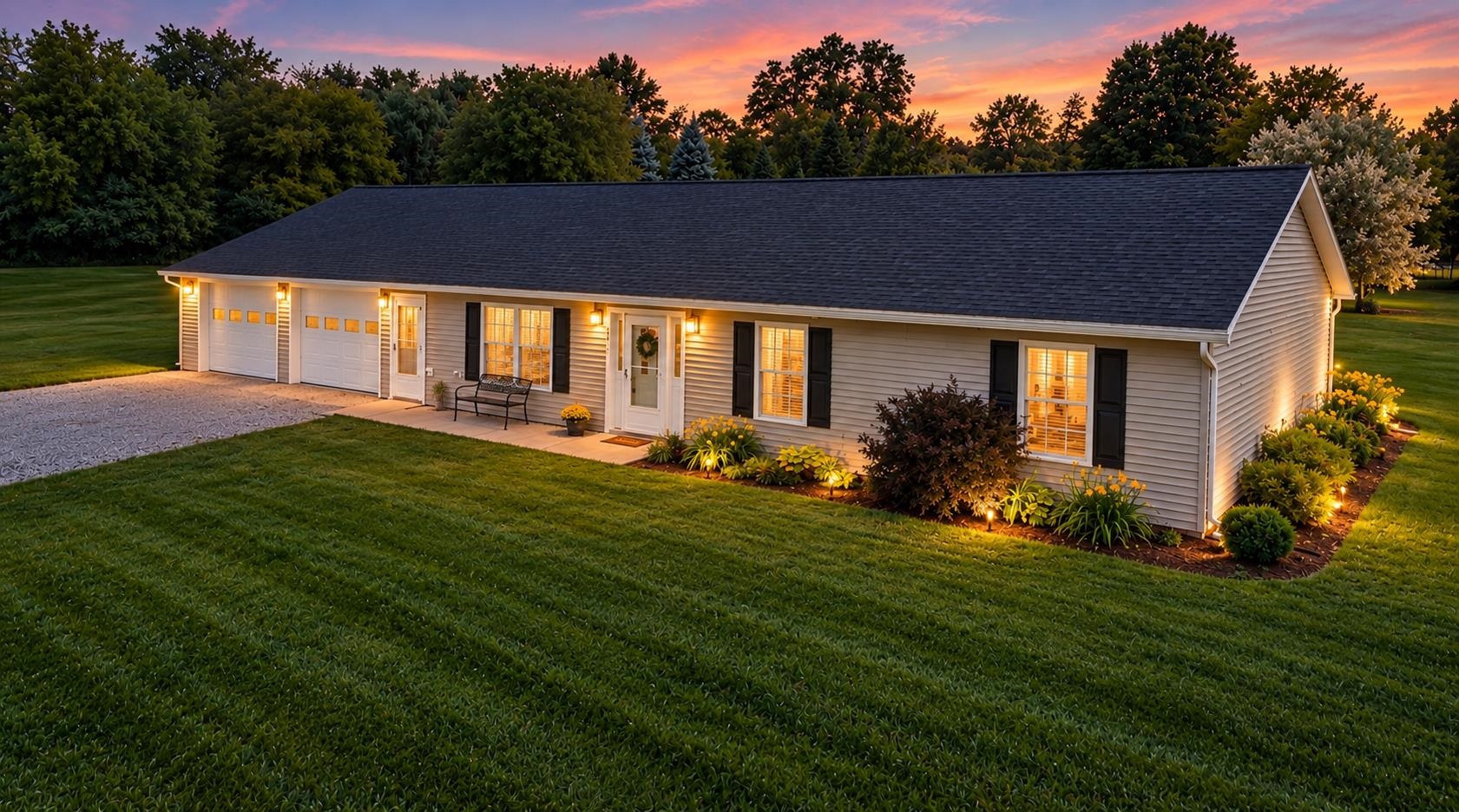 Single-story ranch house with an attached two-car garage and illuminated landscaping at dusk.