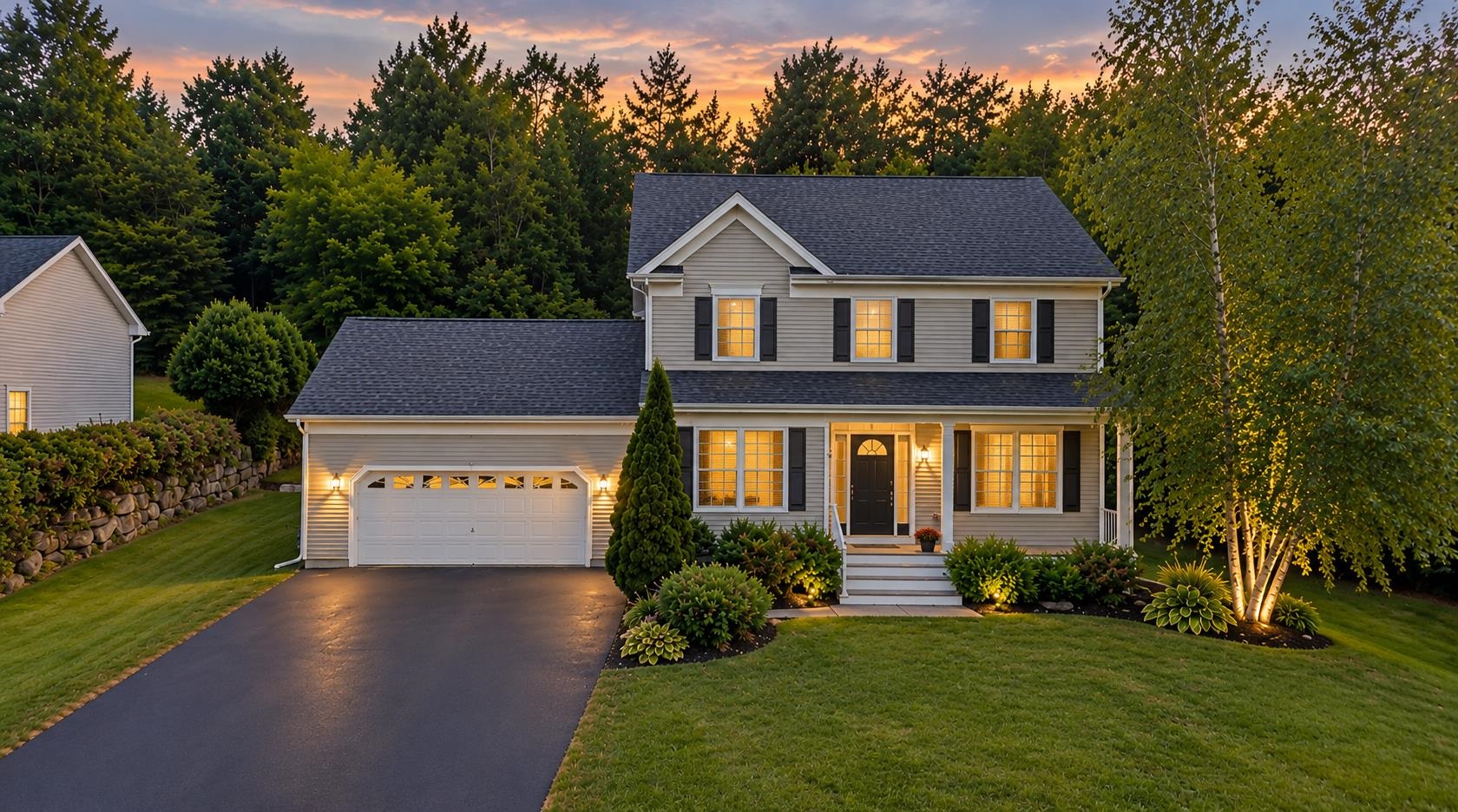 Two-story gray house with an attached garage and warmly lit windows at dusk.