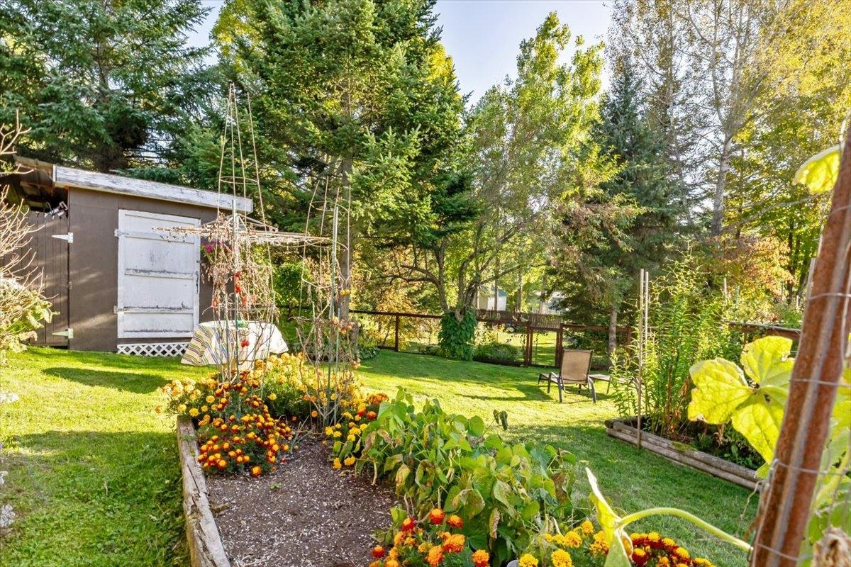 Backyard garden with raised flower beds, a small shed, mature trees, and a lawn.