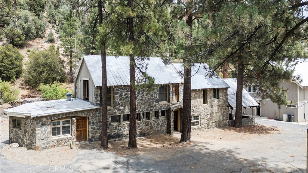 Stone house with a metal roof among pine trees, viewed from the driveway.