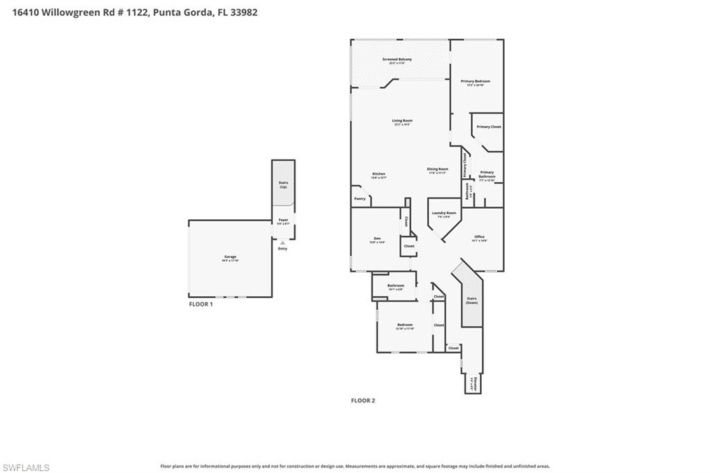 Two-level floor plan showing a garage, screened balcony, living areas, bedrooms, bathrooms, and office.