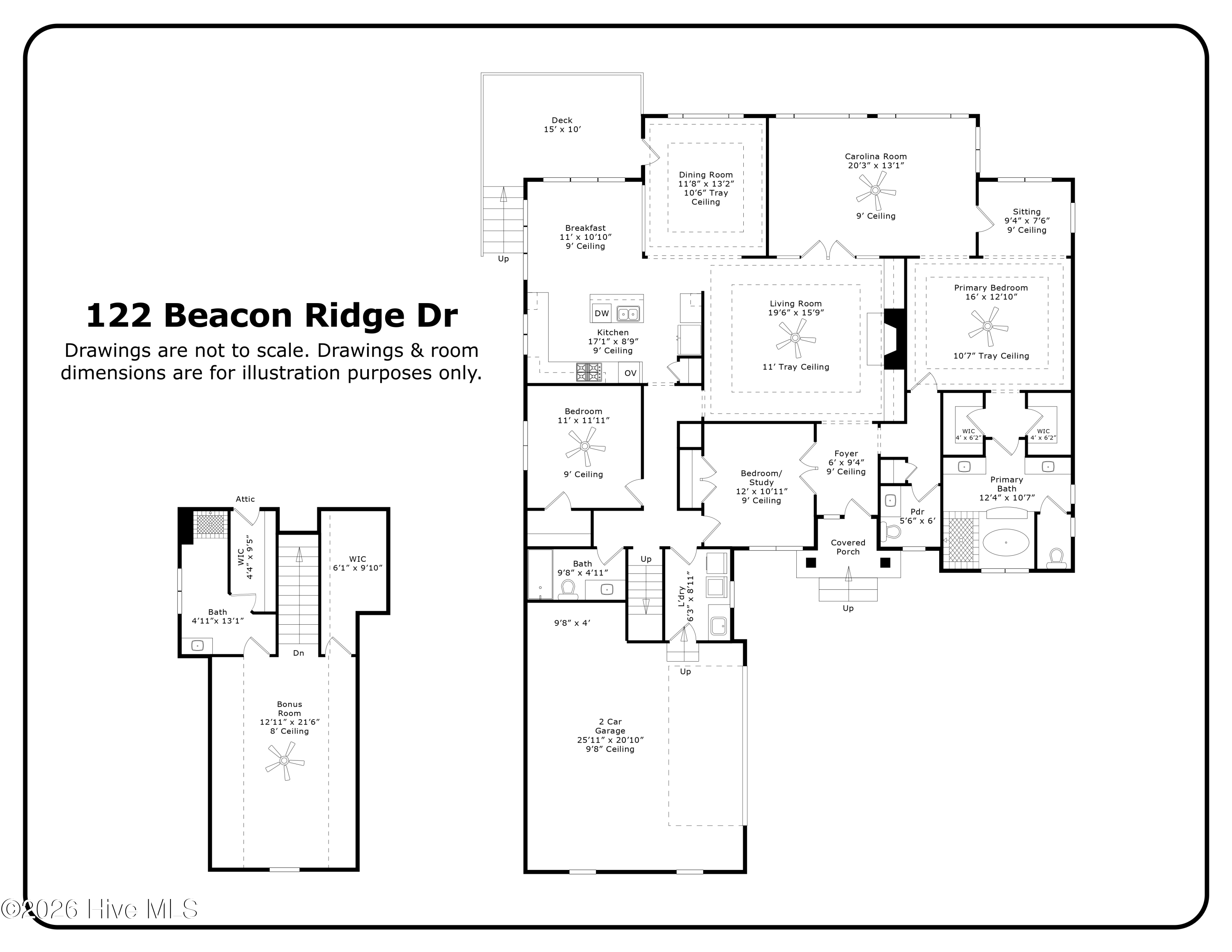 Floor plan for 122 Beacon Ridge Dr showing the main level and separate bonus-room level.