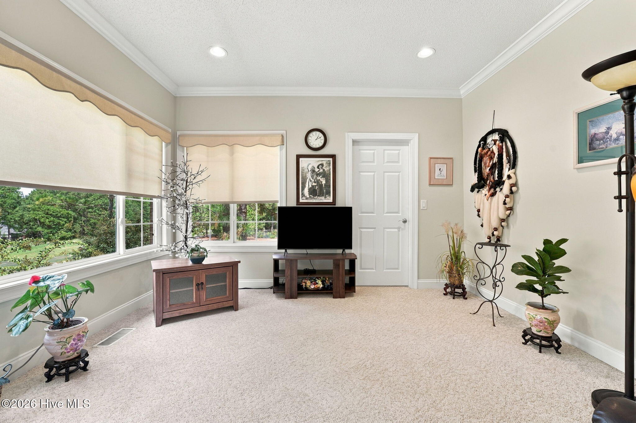 Living room with corner windows, cream shades, beige carpet, and a television on a wooden stand.