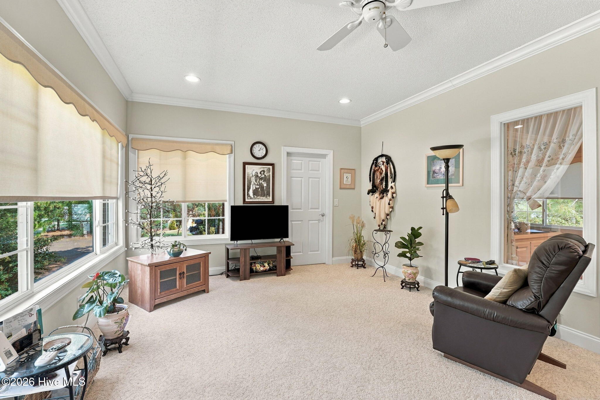 Furnished living room with large shaded windows, beige carpeting, and a leather recliner.