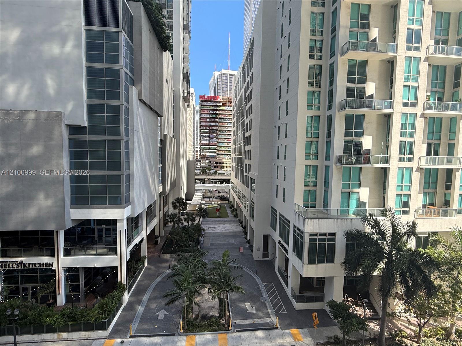 High-rise buildings overlook a landscaped entrance drive lined with palm trees.