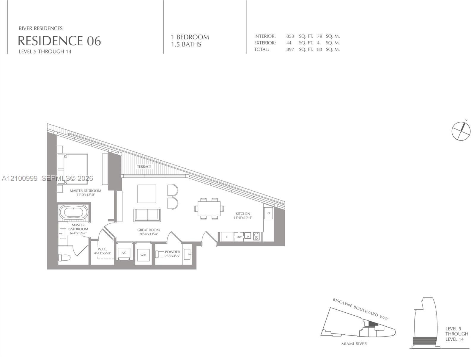 One-bedroom Residence 06 floor plan with a terrace, 853 square feet of interior space, and 1.5 baths.