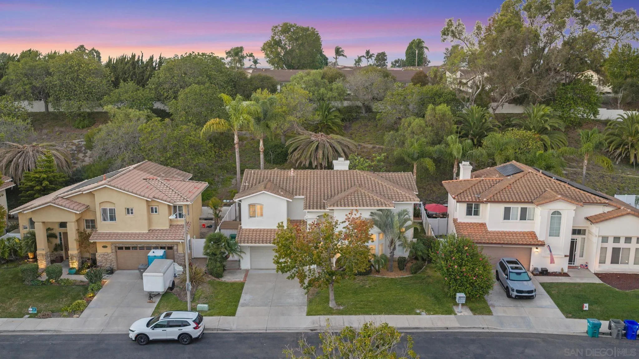 Aerial view of homes along a landscaped greenbelt beneath a pink dusk sky.