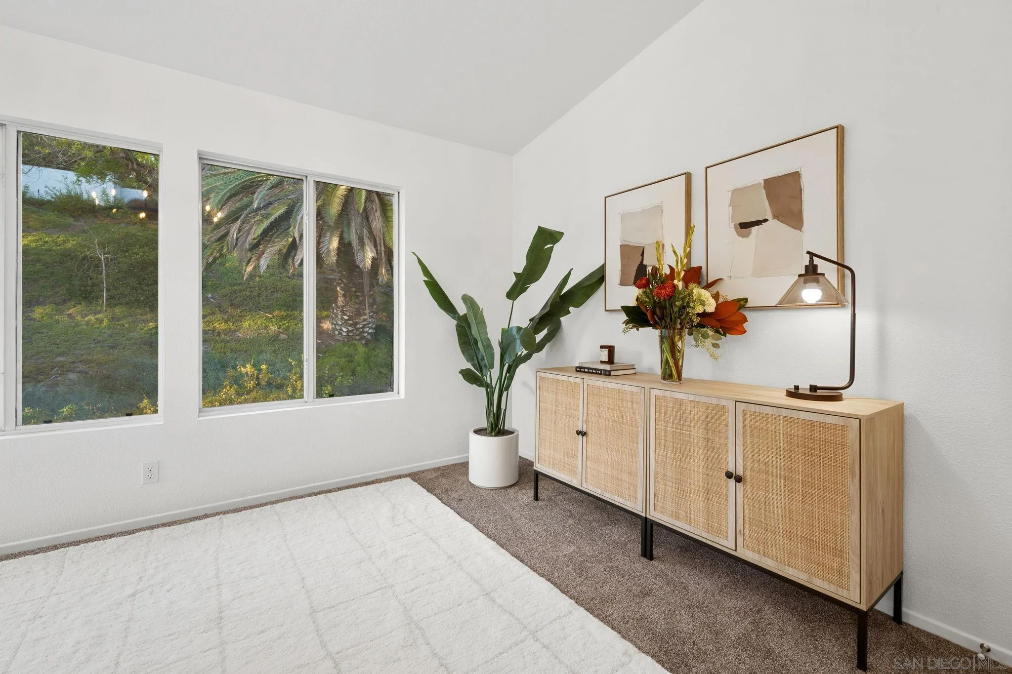 Staged room with a woven-front cabinet, tropical plant, and windows overlooking greenery.