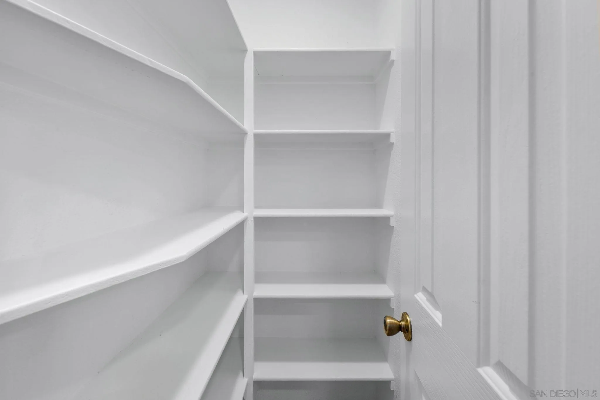 Walk-in pantry with empty white built-in shelves and a partly open door.