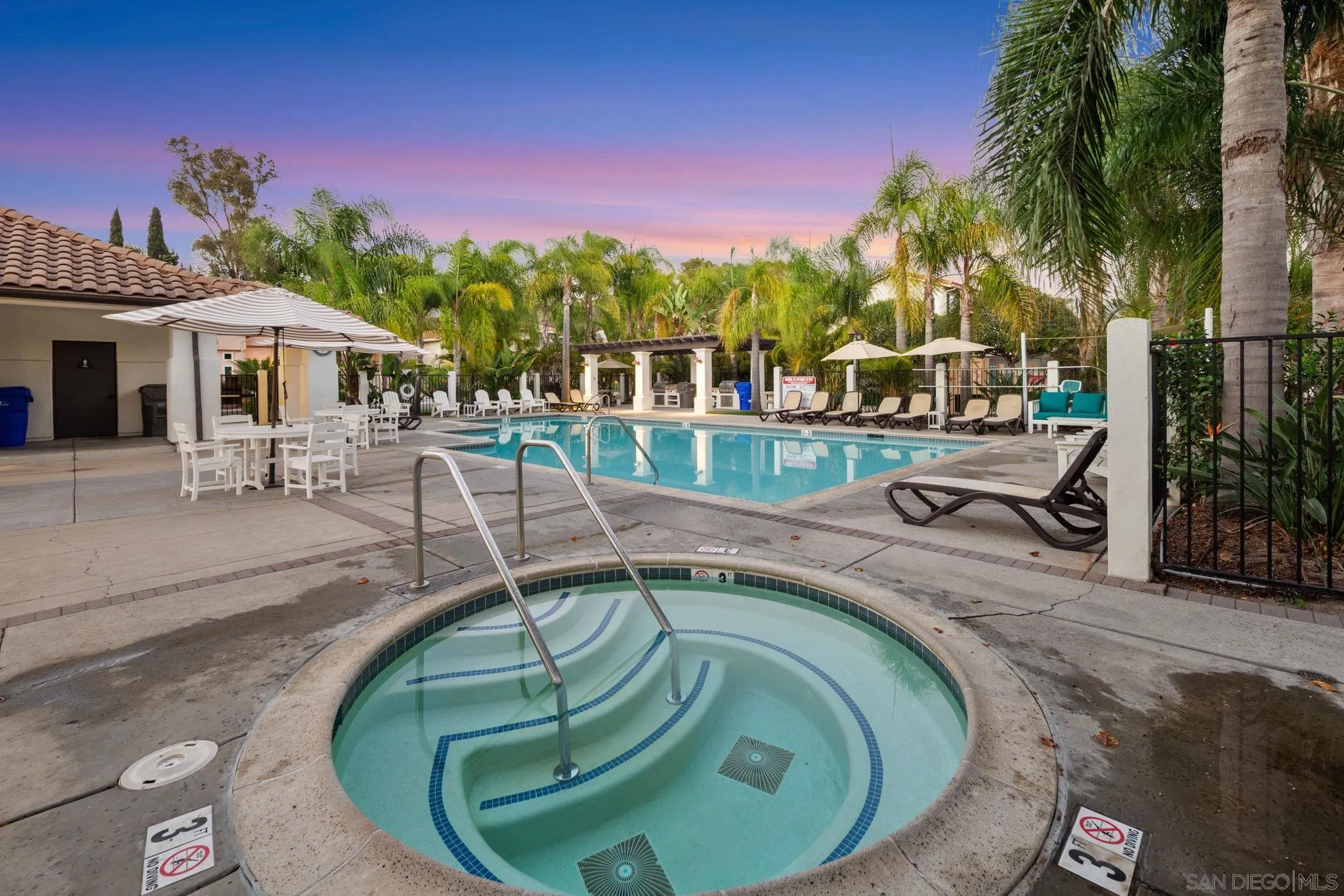 Outdoor spa and swimming pool surrounded by palm trees, lounge chairs, and umbrellas.