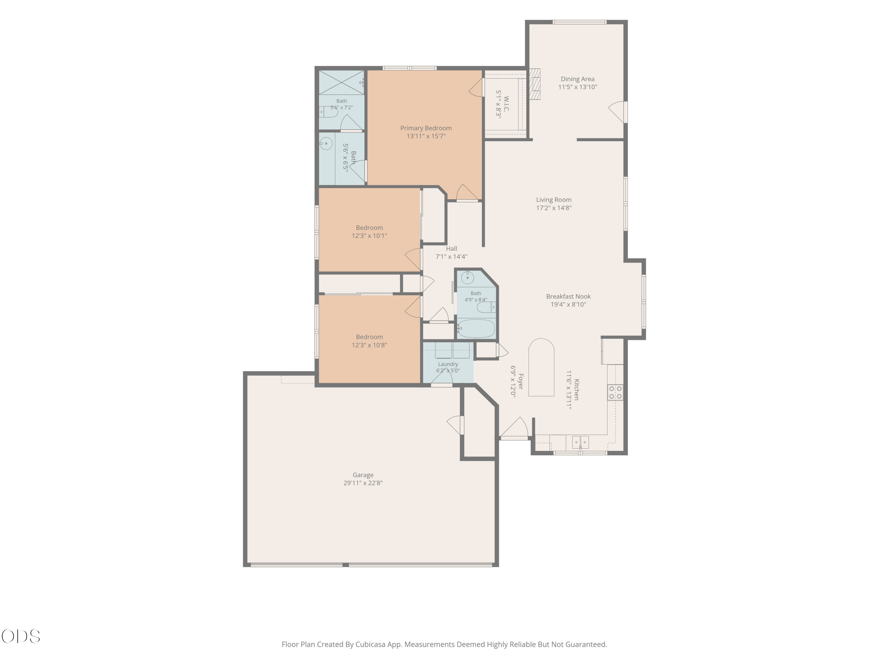 Floor plan showing three bedrooms, three bathrooms, shared living and dining areas, kitchen, laundry, and garage.
