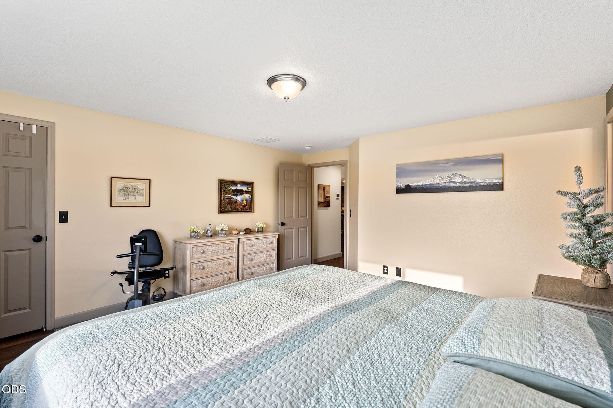Furnished bedroom with a pale blue-and-white quilt, light wood dressers, and an exercise bike.