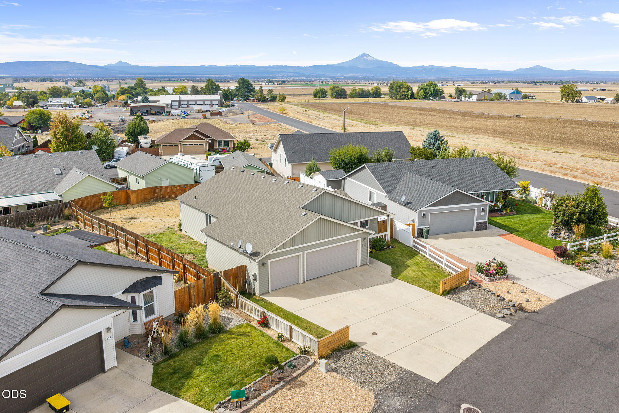 Aerial view of 233 Center Ridge Drive and neighboring homes, with fields and a mountain range beyond.