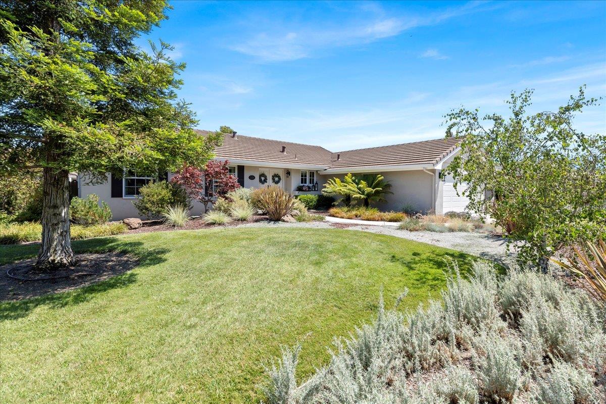 Single-story stucco home with an attached garage, broad lawn, mature tree, and landscaped shrubs.