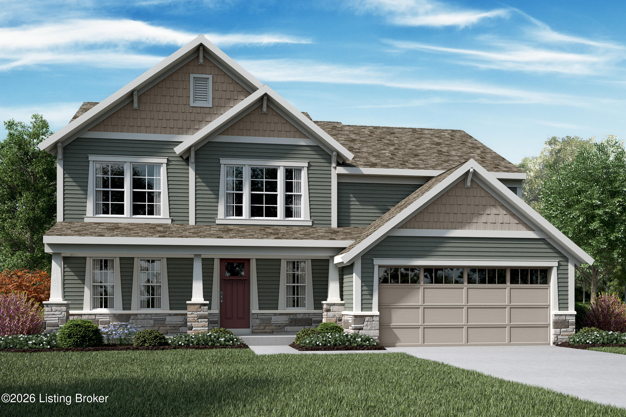 Two-story green house with white-trimmed gables, stone base, and attached two-car garage.