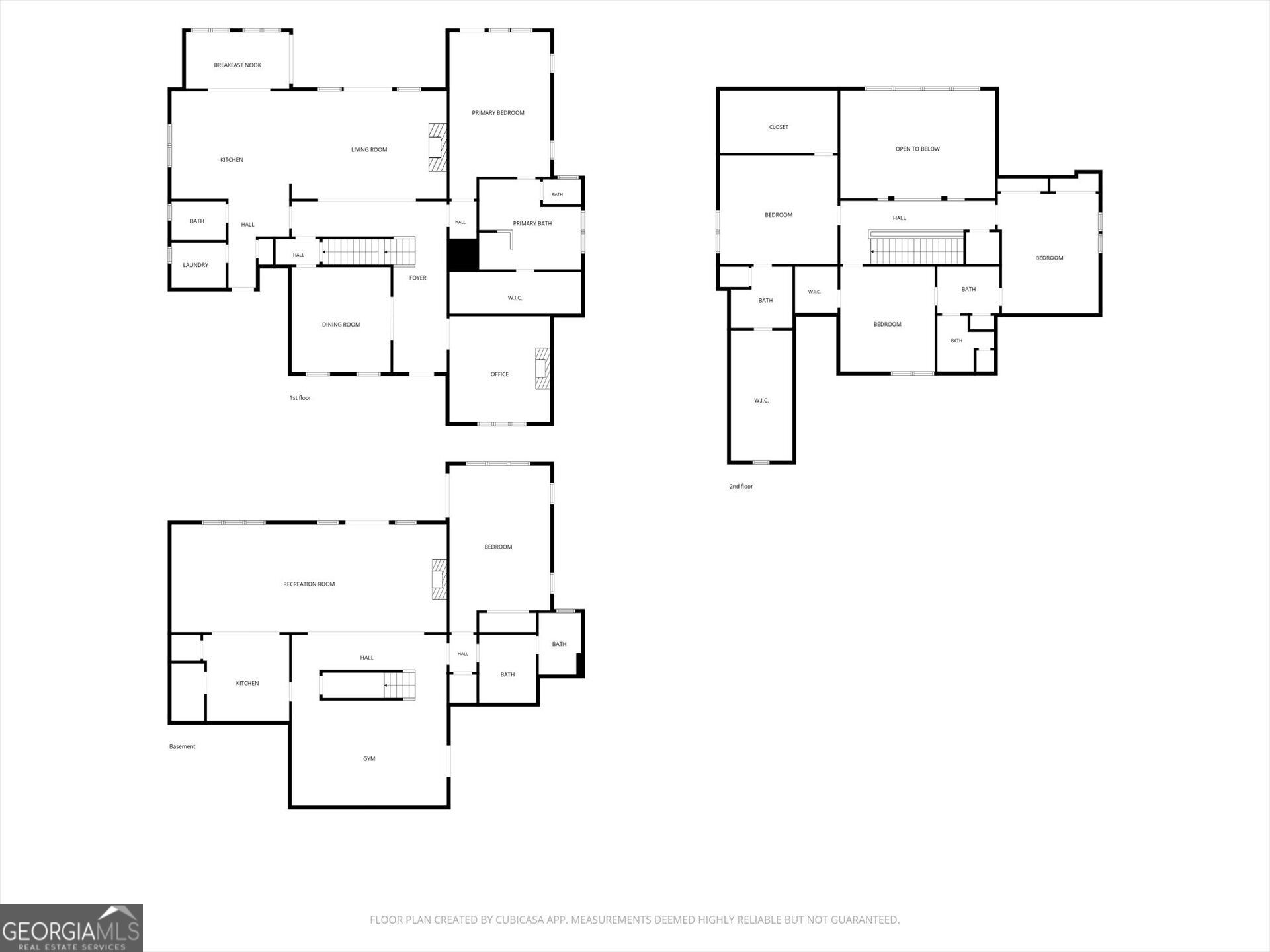 Three-level floor plan showing a primary suite, open-to-below area, basement recreation room, and gym.