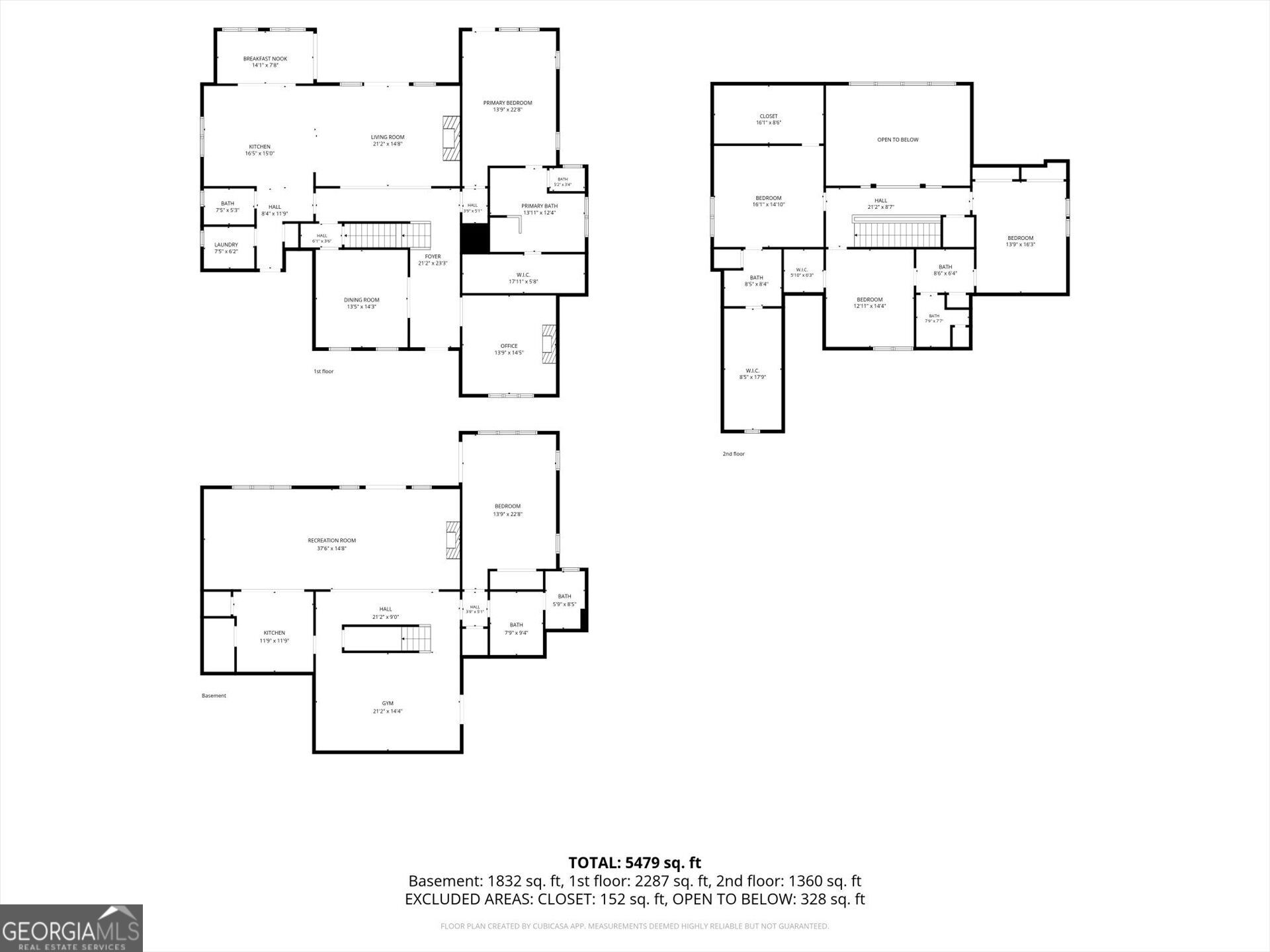 Three-level floor plan showing room layouts and a total area of 5,479 square feet.