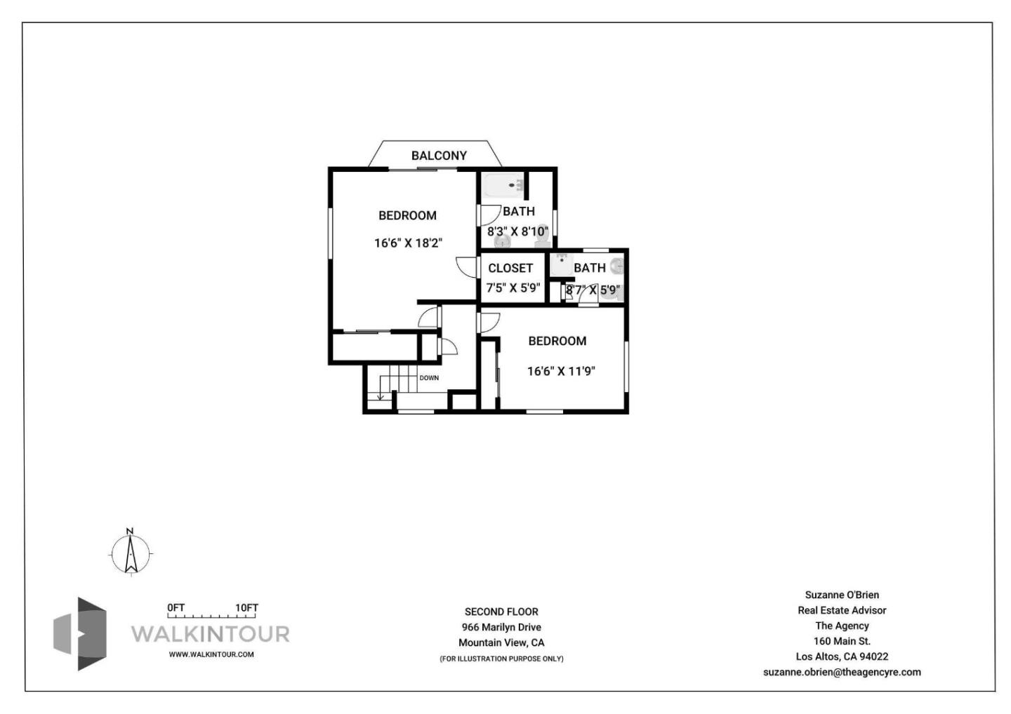 Second-floor plan showing two bedrooms, two bathrooms, a closet, balcony, and stairs.