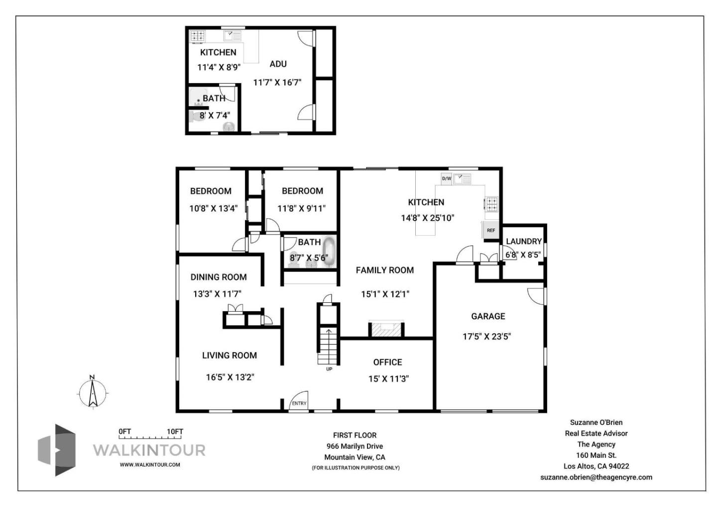 First-floor plan with two bedrooms, living areas, office, garage, and a separate ADU.