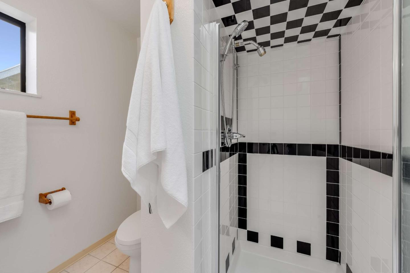 Bathroom with a glass-enclosed shower, checkerboard ceiling tiles, and black tile accents.