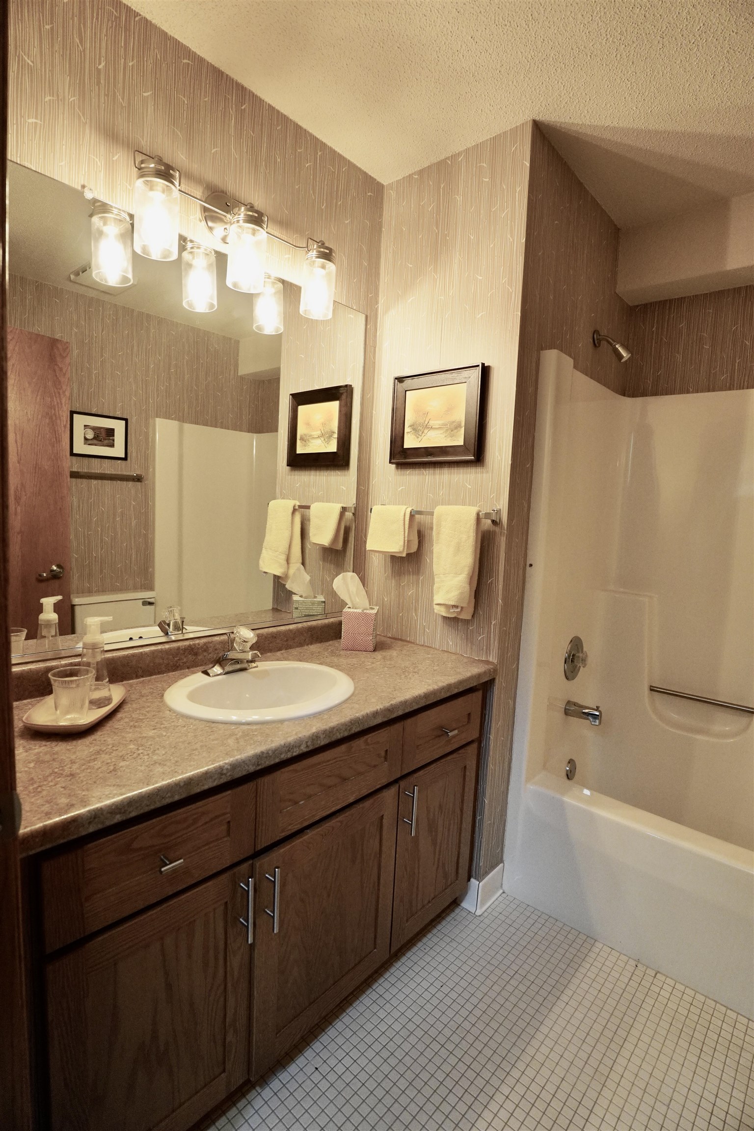 Bathroom with dark wood vanity, large mirror, bright lights, and bathtub-shower combination.
