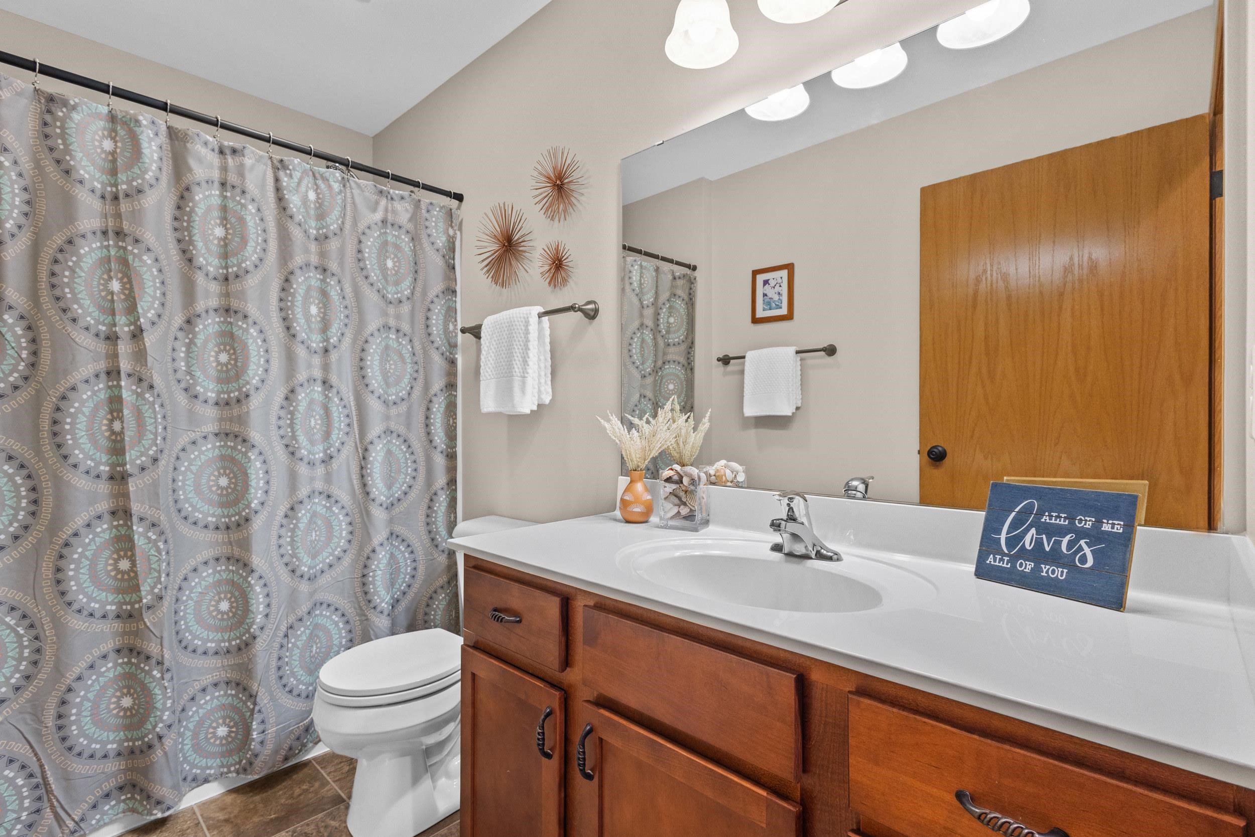 Bathroom with a wood vanity and white sink, patterned shower curtain, and toilet.