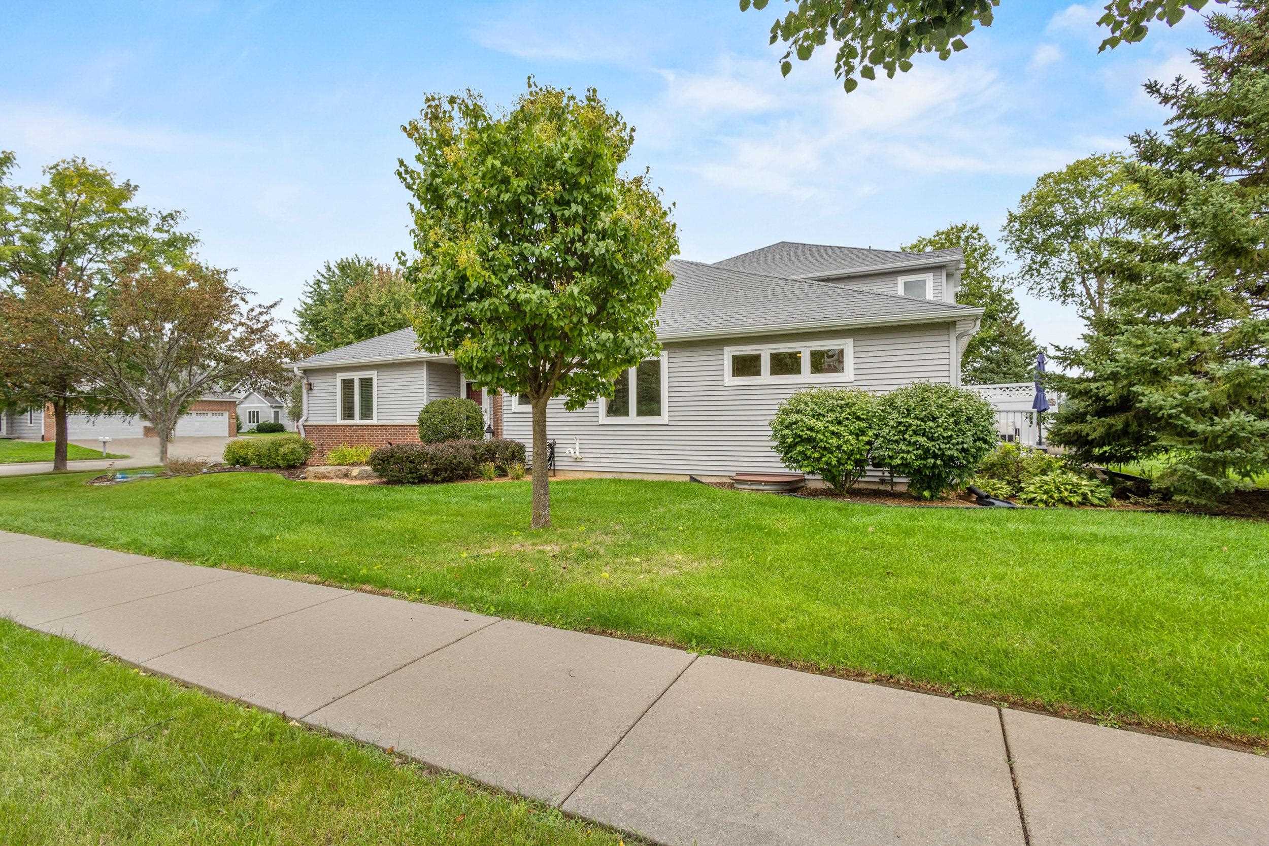 Gray-sided house with a mature tree in the front lawn and a sidewalk in the foreground.
