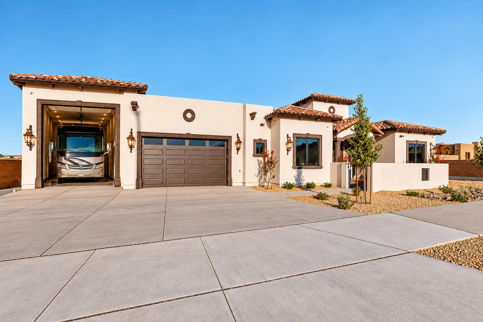 Stucco home with a terracotta tile roof, wide driveway, and motorhome inside an open garage bay.