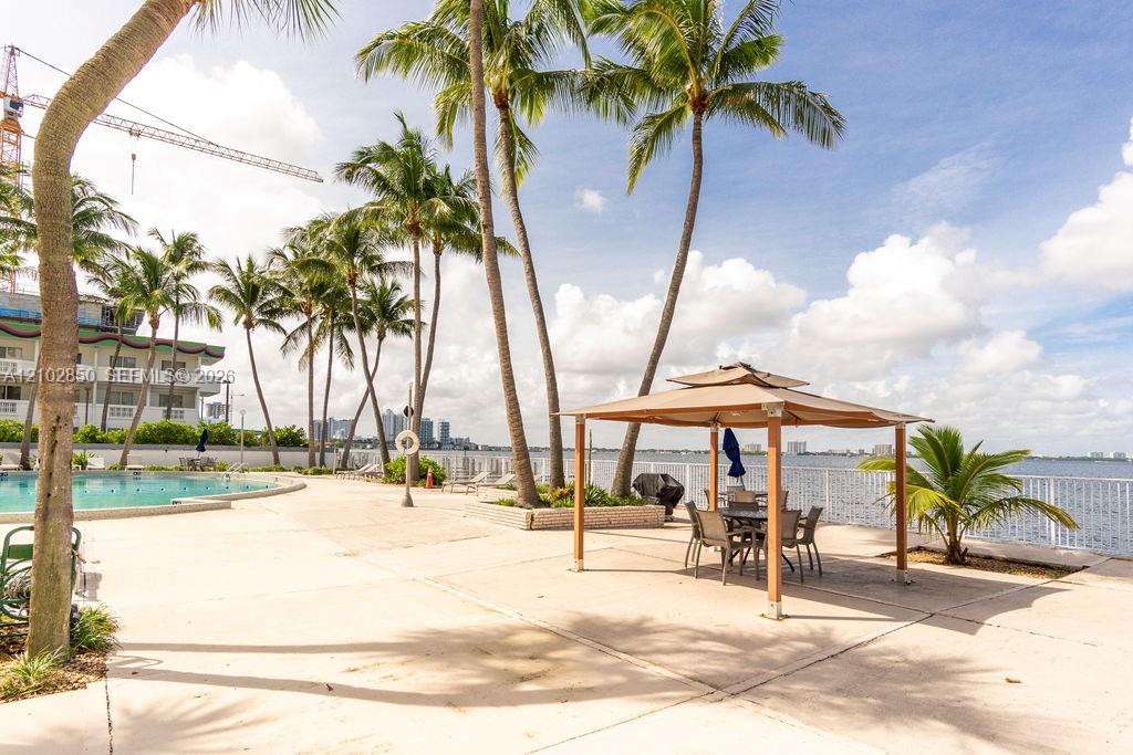 Waterfront pool deck with palm trees and a shaded dining area overlooking the bay.