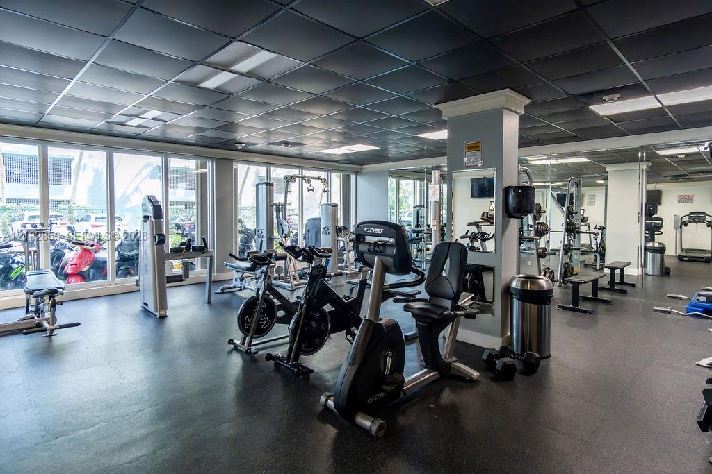 Fitness center with cardio and weight-training equipment beside large windows.