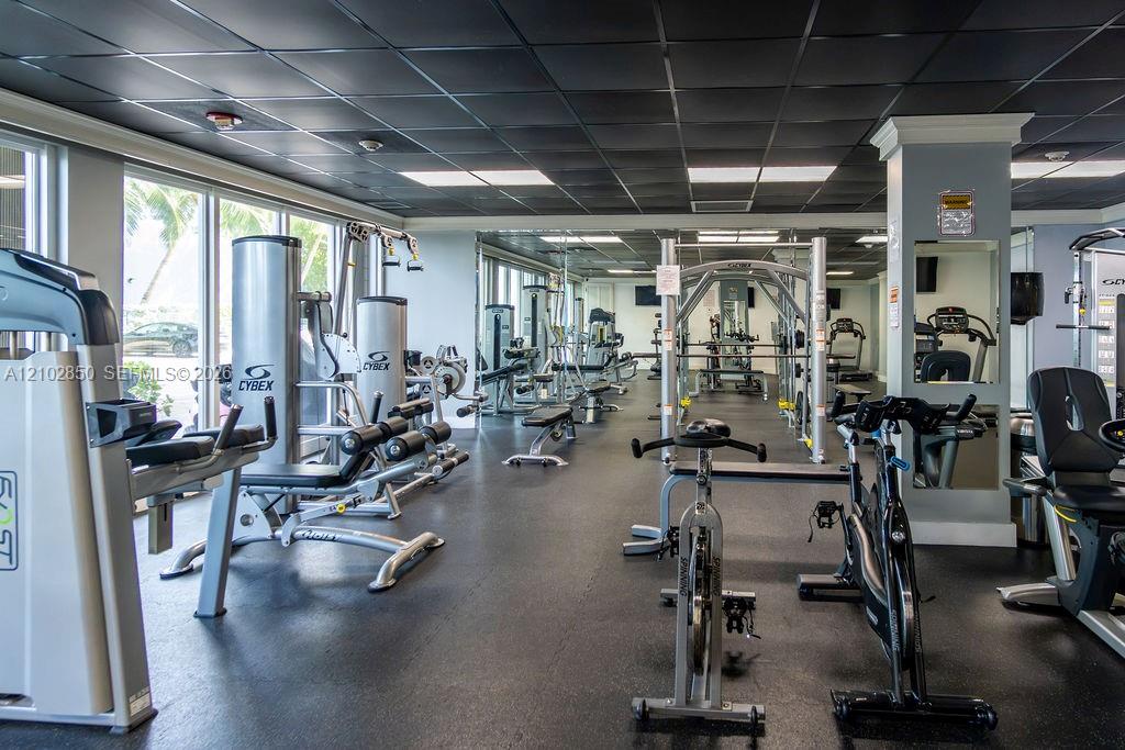 Condominium fitness center with weight machines and stationary bikes beside large windows.