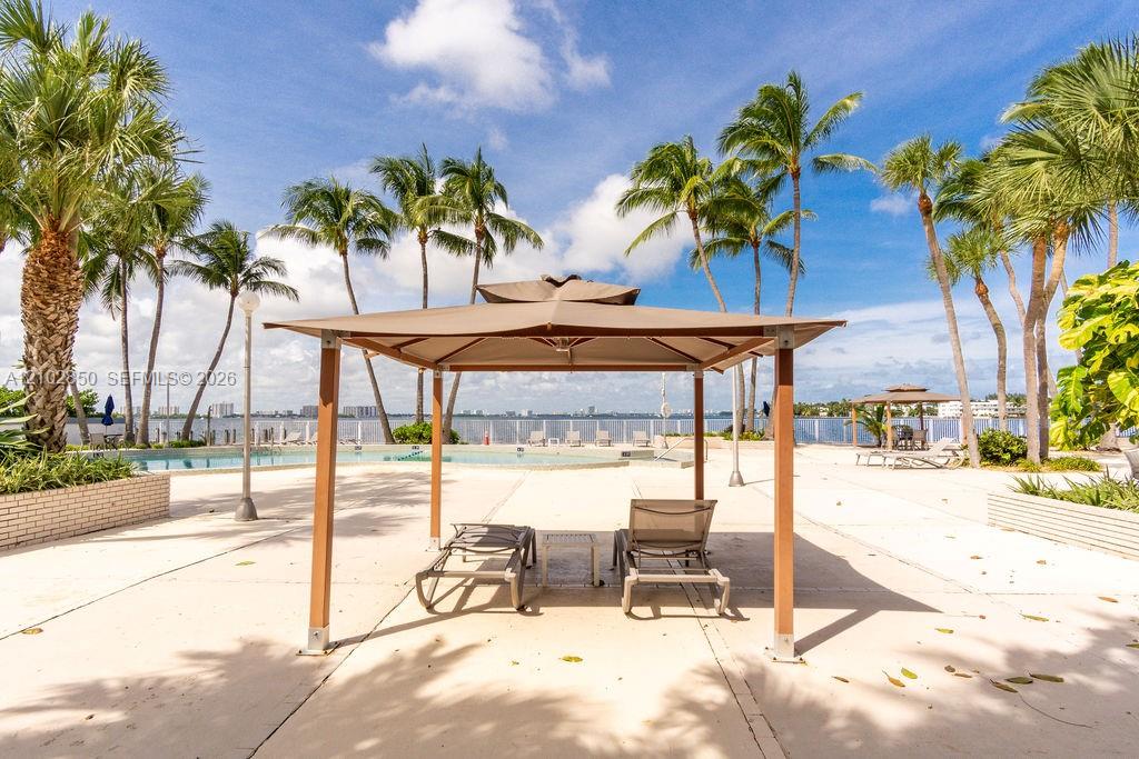 Condo pool deck with a shaded cabana, lounge chairs, palm trees, and bay views.