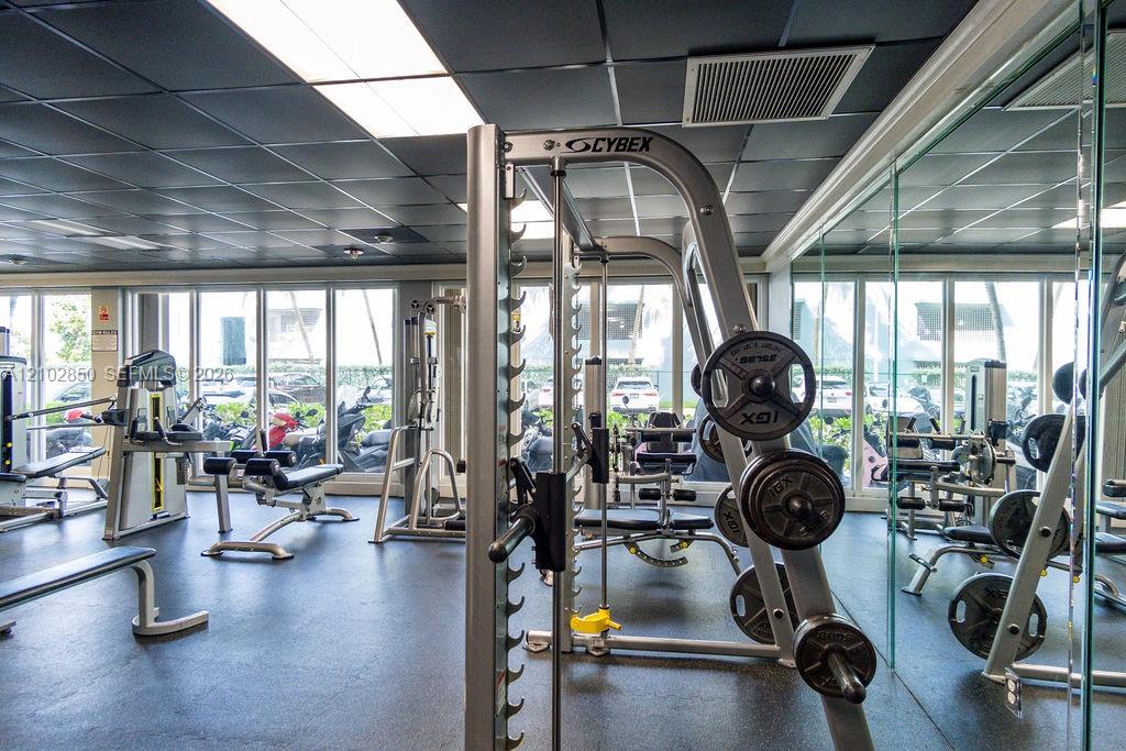 Condominium gym with weight machines and mirrored walls beside large windows.