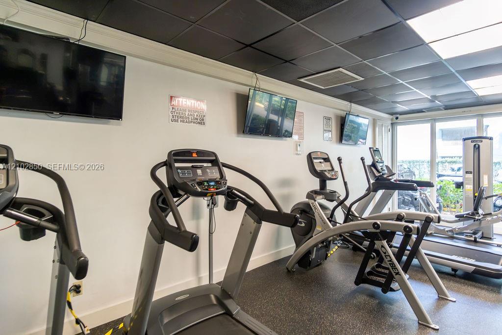Fitness room with treadmills, cardio machines, wall-mounted TVs, and windows overlooking greenery.