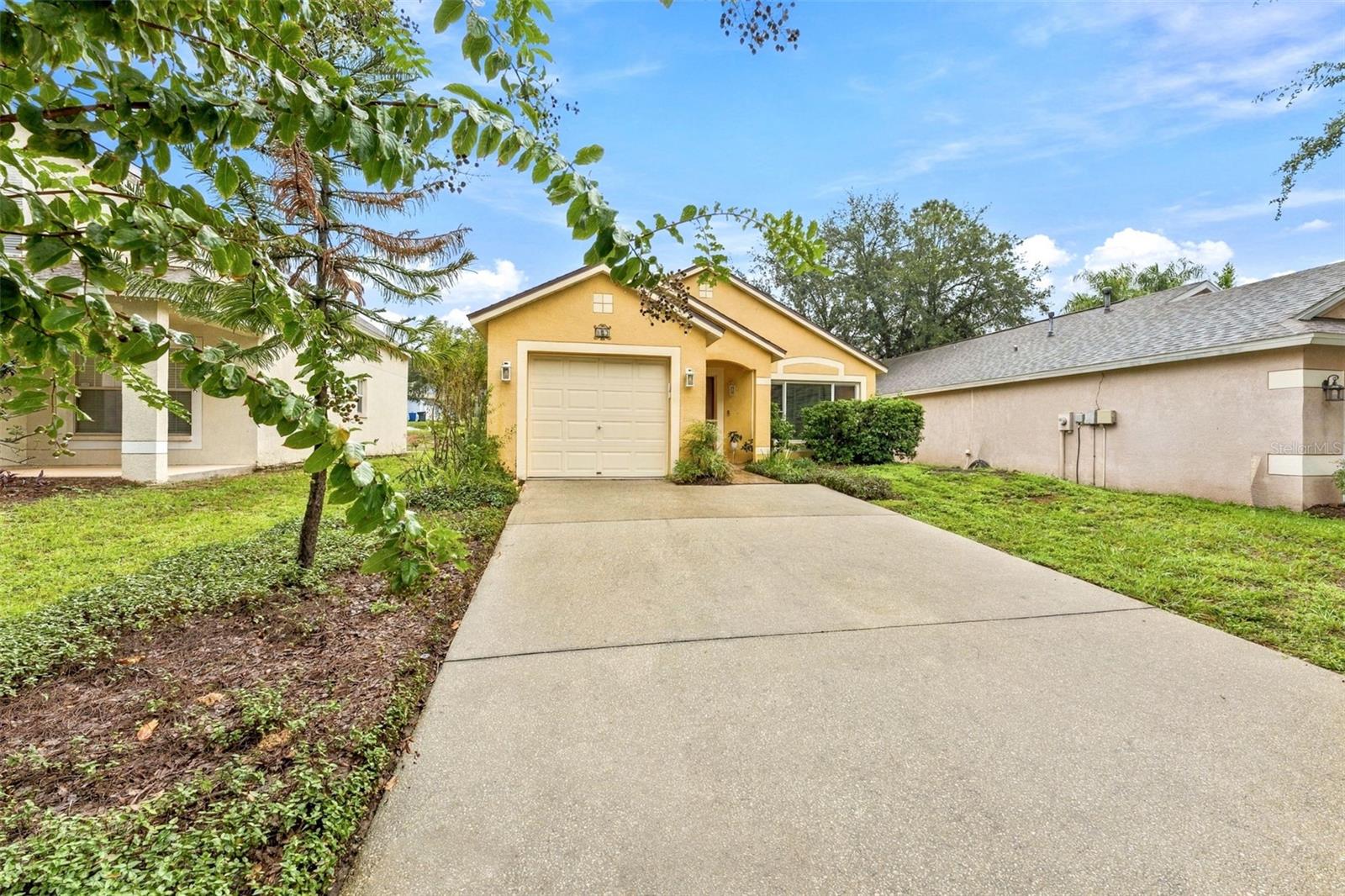 Yellow single-story home with an attached garage, broad driveway, and leafy front landscaping.